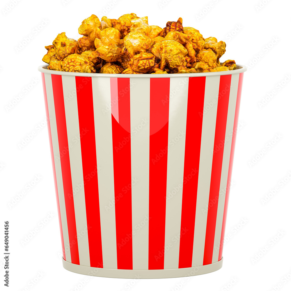 Large Popcorn Bucket with popcorn. Popcorn Container, 3D rendering