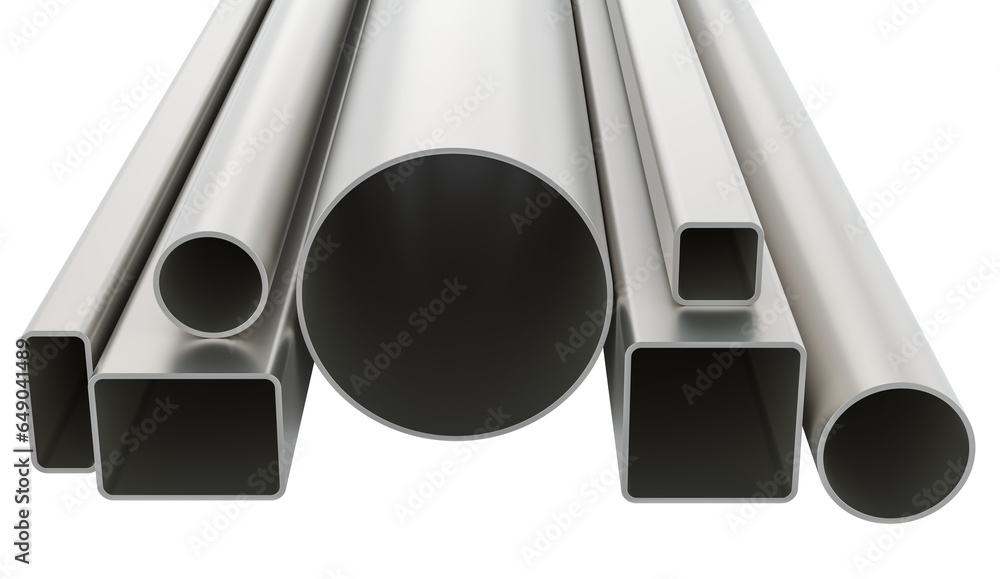 Round pipes and square pipes, rolled metal. 3D rendering isolated on ...