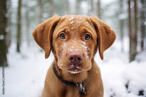 Close-Up of Happy Brown Labrador Enjoying Snowy Forest
