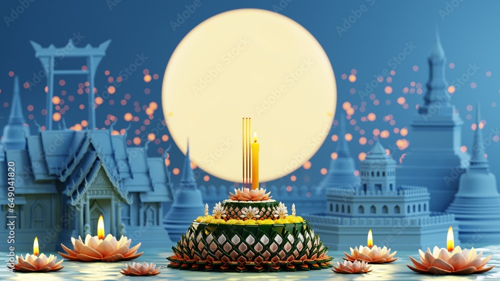3d rendering illustration Loy Krathong festival  and Yi Peng festival in thailand  krathong from banana leaves, flowers, candles and incense sticks, fullmoon, river, and night background color. - obrazy, fototapety, plakaty 