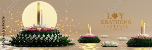 3d rendering illustration Loy Krathong festival  and Yi Peng festival in thailand  krathong from banana leaves, flowers, candles and incense sticks, fullmoon, river, and night background color.