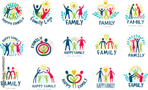 Family symbols. Colorful graphic set of different family logotype recent vector pictures collection