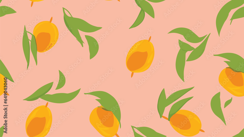 Mango pattern. Fruit seamless pattern. Ripe yellow mango whole with leaves on a pink background. Illustration for fabric, wallpapers, posters. Mango pattern. Fruit seamless pattern. Ripe yellow mango whole with leaves on a pink background. Illustration for fabric, wallpapers, posters.