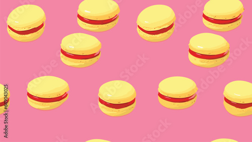 Macaroons pattern. pink french macaroon dessert with yellow cream on a pattern for textiles, wallpapers, backgrounds, packaging