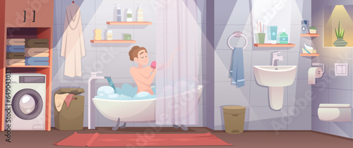 Bathroom interior. Modern decorated toilet room with different sanitary hygiene tools exact vector cartoon background