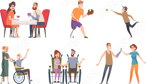 Disabled people. Social activity of disabled characters family happy couples and friend witih disabled persons exact vector cartoon set
