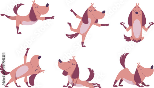 Funny dog. Domestic happy animal making yoga or fitness exercises exact vector cartoon character