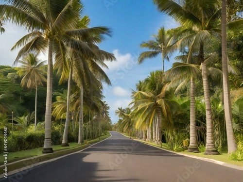 a road lined with palm trees and bushes © tareqgd