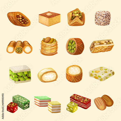 Oriental sweets. Baklava and rahat lakoum traditional arabic products recent vector pictures set