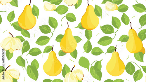 Pear seamless pattern. Yellow pears on a green background. Fabric and textiles for the home. Background. 