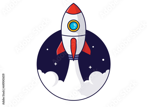 Spaceship launch logo design - Vector illustration of space rocket launching upwards in oval frame. Flat design with white background