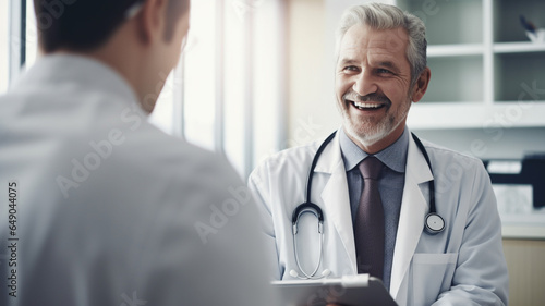 Doctor with clipboard talking to smiling patient at hospital or health clinic photo