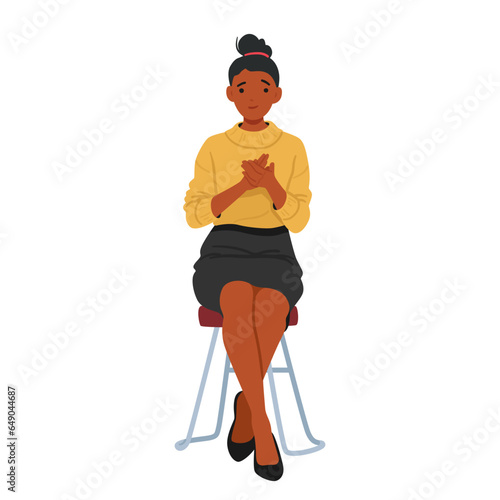 Woman Applauding Sitting on Chair, Cheering and Ovation Concept. Black Female Character Clap Hands, Vector Illustration