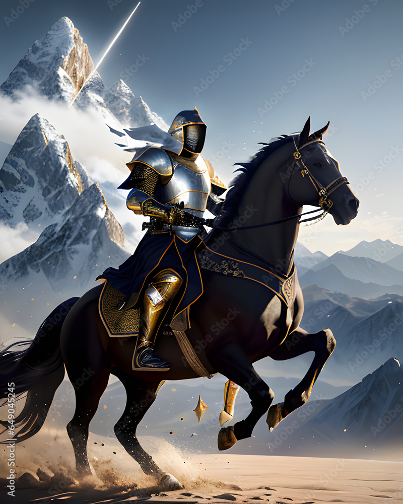 Naklejka premium A armoured knight riding a black horse with a magical background, Ai generated image