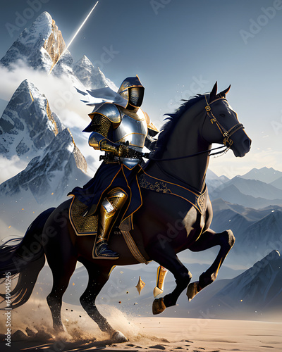 A armoured knight riding a black horse with a magical background, Ai generated image