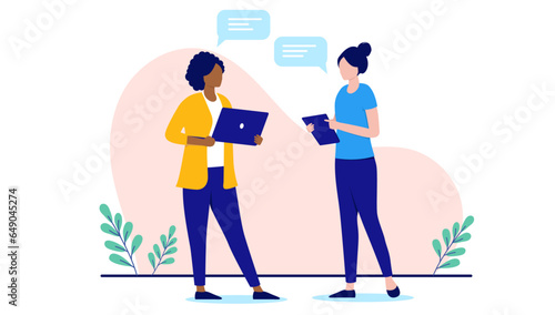 Two women having conversation - Businesswomen standing and talking together at work with computers and speech bubbles. Flat design vector illustration with white background