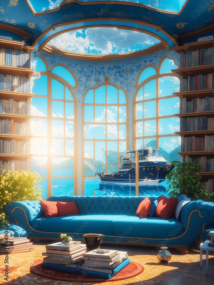 A library with a sofa and bookshelves masterpiece interior - AI Generative