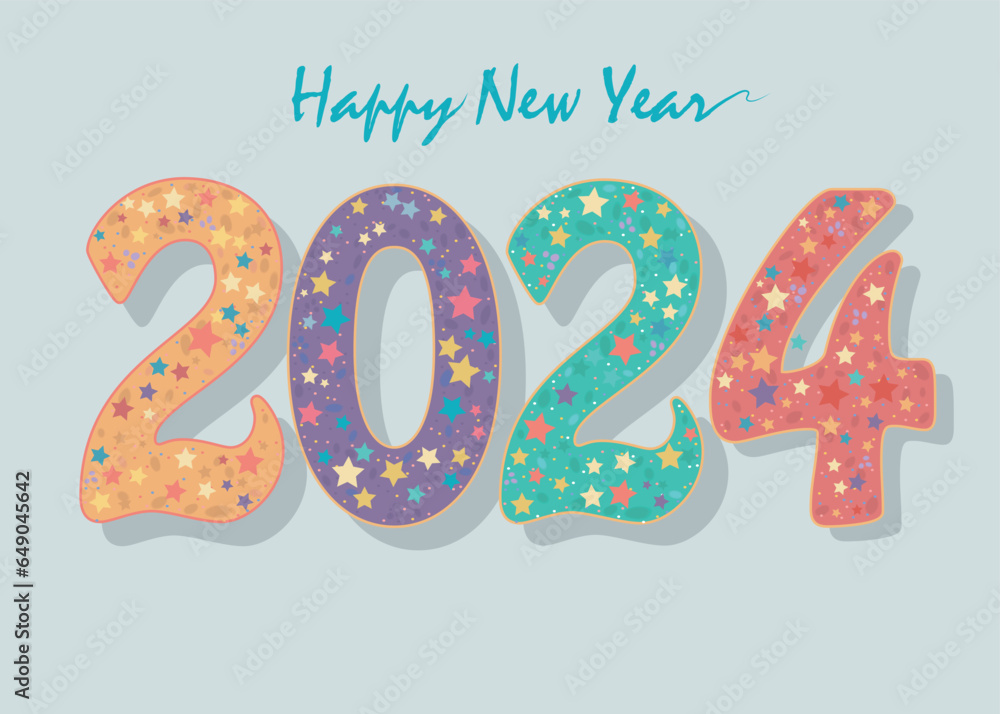 Vibrant New Year 2024: A lively illustration featuring colorful numbers adorned with equally vibrant stars Vibrant New Year 2024: A lively illustration featuring colorful numbers adorned with equally vibrant stars