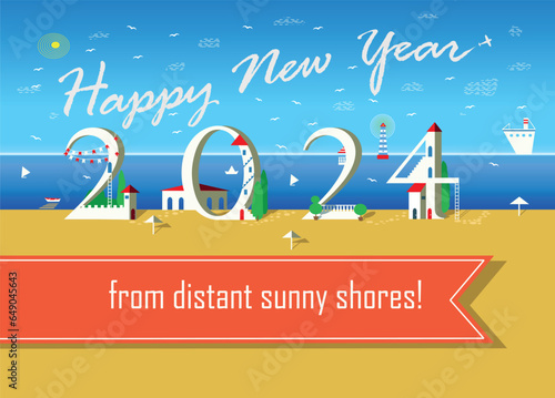 Happy New Year 2024 at the Beach. White text are in the sky as plane trail. The numbers are as beachfront houses. A serene seascape forms the backdrop. Orange banner for personal messages