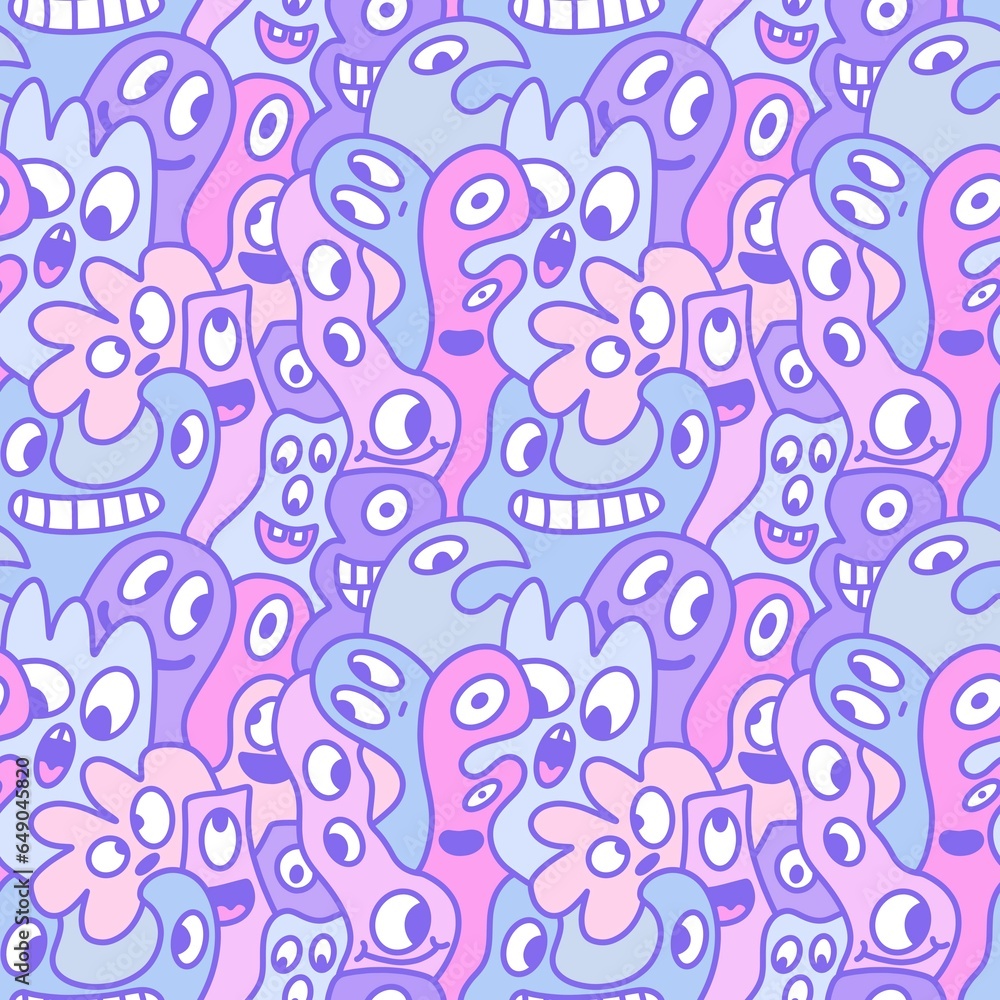 Fototapeta premium Cartoon retro monsters seamless Halloween pattern for wrapping paper and fabrics and linens and kids