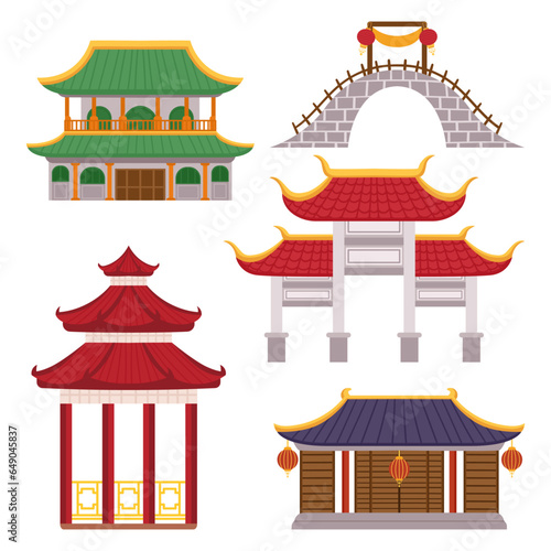 Set Of Asian Traditional Buildings, Adorned With Intricate Designs, Vibrant Colors, And Rich Cultural Heritage, Vector