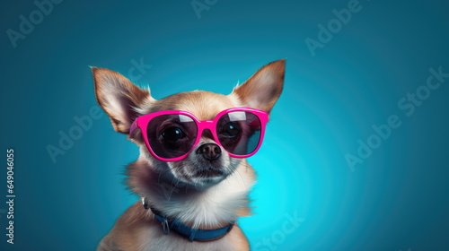 Chihuahua dog wearing pink sunglasses on blue background. © vladico