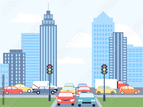 City road traffic jam, town vehicles problems on crossroad. Diverse flat cars on highway. Personal and public transportation, recent vector scene