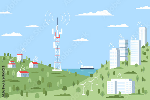 Wireless tower in village valley, traffic internet landscape. It city, antenna construction and cellular satellite network or mobile signal recent vector scene