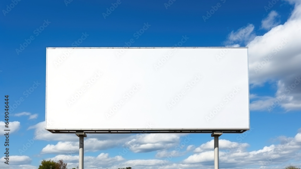 Obraz premium Large empty blank billboard mockup with white screen against backdrop of blue sky. Copy space banner background for advertising.