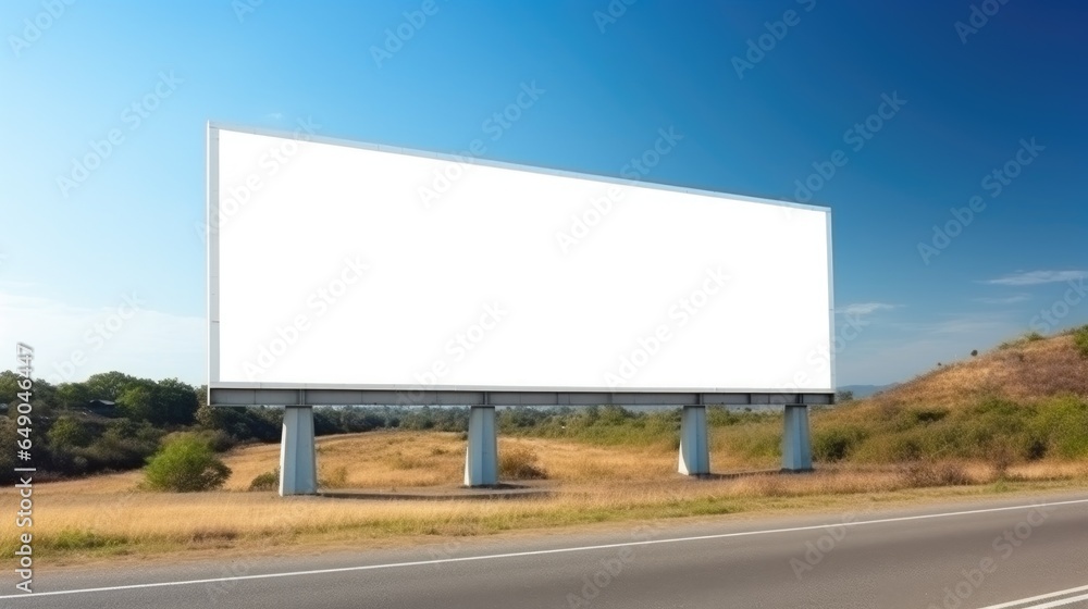 Large empty white billboard stands at roadside, set against backdrop of blue sky. Copy space banner background for advertising. Large empty white billboard stands at roadside, set against backdrop of blue sky. Copy space banner background for advertising.