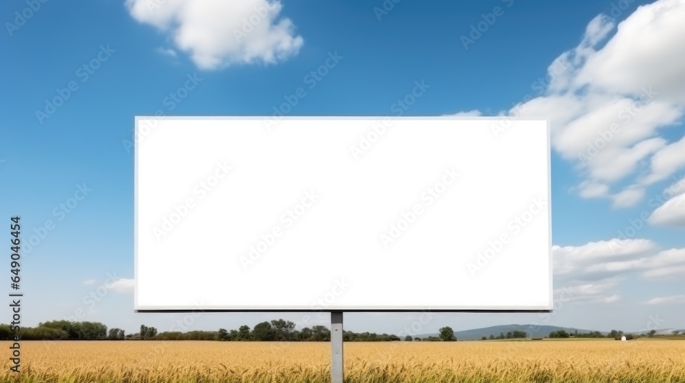 Empty white billboard stands field of wheat, against backdrop of blue sky. Mock up. Copy space banner background for advertising. Empty white billboard stands field of wheat, against backdrop of blue sky. Mock up. Copy space banner background for advertising.
