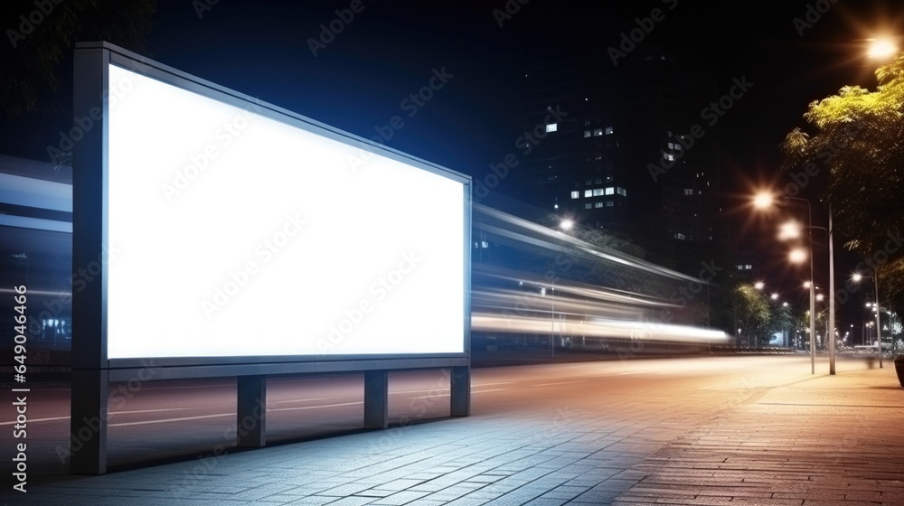 Empty white billboard stands on night city. Mock up. Poster on street next to roadway. Copy space banner background for advertising. Empty white billboard stands on night city. Mock up. Poster on street next to roadway. Copy space banner background for advertising.