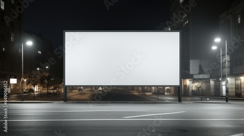 Empty white billboard stands on night city. Mock up. Poster on street next to roadway. Copy space banner background for advertising.