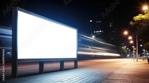 Empty white billboard stands on night city. Mock up. Poster on street next to roadway. Copy space banner background for advertising.