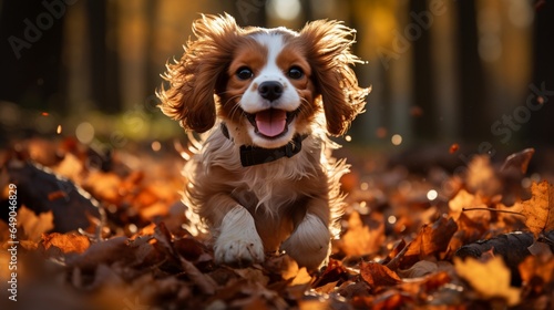 A candid shot of a Cavalier King Charles Spaniel puppy chasing its tail in a swirl of autumn leaves, exuding pure joy and innocence.