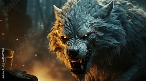A close-up of a snarling wolf, its sharp fangs bared in the moonlight.