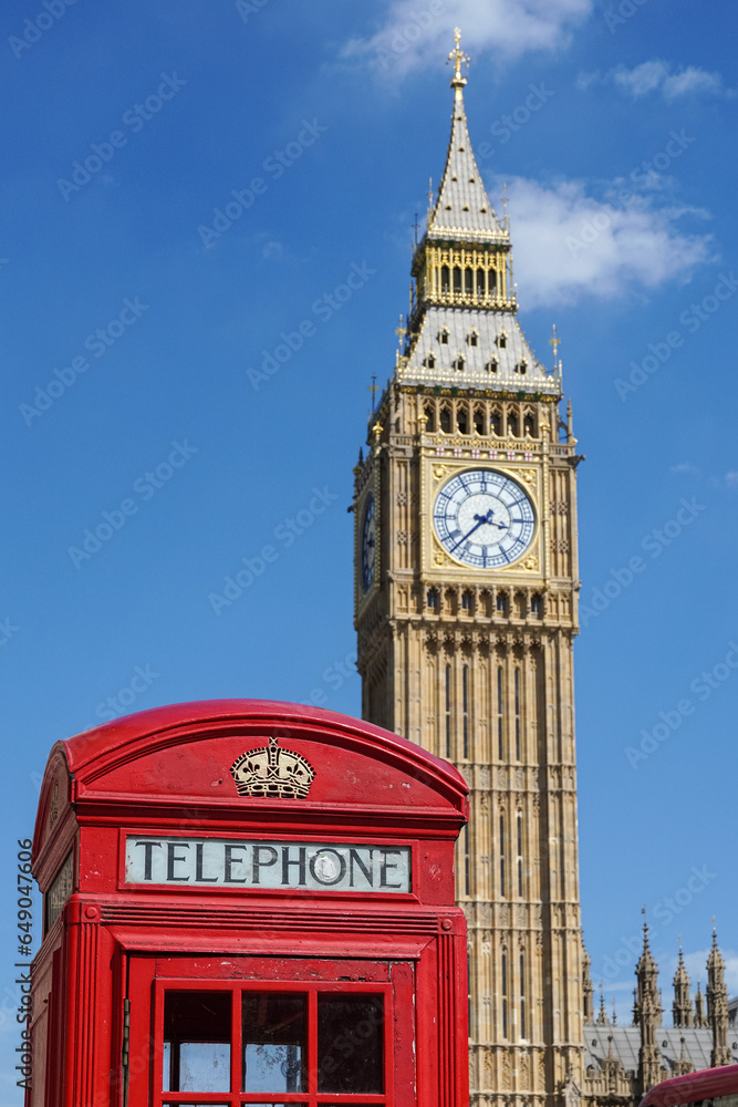 Big Ben and traditional red telephone box in London England United Kingdom UK