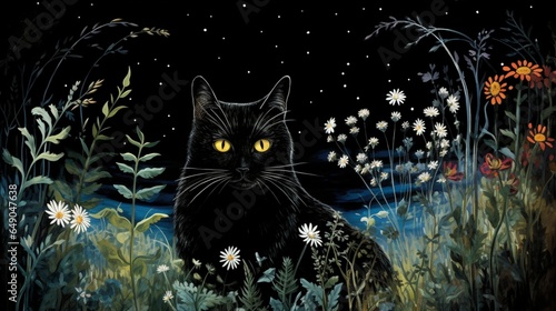A graceful black cat, its fur flowing in the wind, in a moonlit garden. © nomi_creative