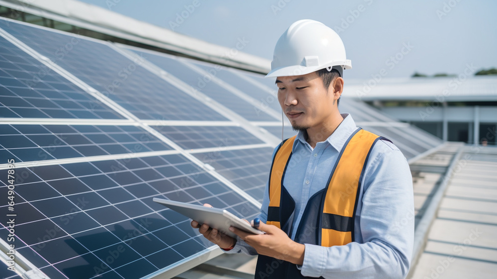 Asian male solar panel engineer installing or repairing solar panels, concept of sustainable development and technology Asian male solar panel engineer installing or repairing solar panels, concept of sustainable development and technology