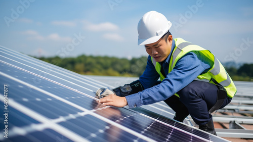 Asian male solar panel engineer installing or repairing solar panels, concept of sustainable development and technology