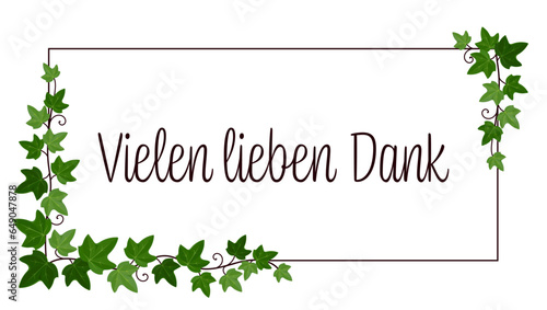 Vielen lieben Dank - Schriftzug in deutscher Sprache. Dankeskarte mit Efauranken.