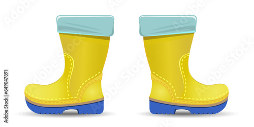Yellow rubber boots with blue sole. Gumboots, gums, watertights isolated on white background. Vector illustration
