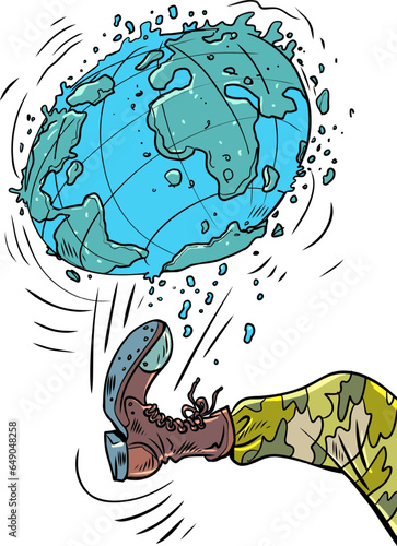 A threat to the entire world. The militarization of countries and the deterioration of the ecological situation of the Earth. A military soldier kicks the planet