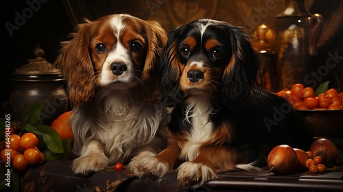 A heartwarming family portrait of three generations of Cavalier King Charles Spaniels, spanning puppyhood to old age, illustrating the enduring legacy of love. © nomi_creative
