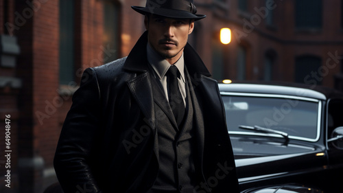 Male gangster or maffia member wearing suit and hat in the city streets next to car