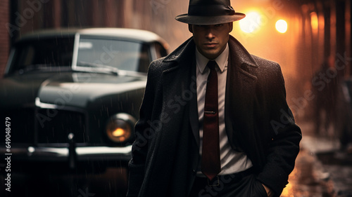 Male gangster or maffia member wearing suit and hat in the city streets next to car photo