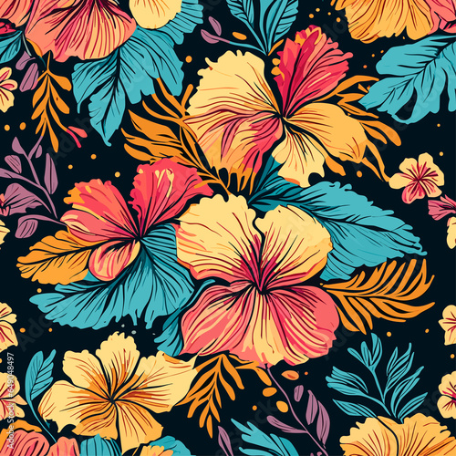 tropical seamless beauty of nature with a colorful hibiscus pattern in a whimsical and playful drawing style  featuring the exotic flowers in bold and striking designs generative AI
