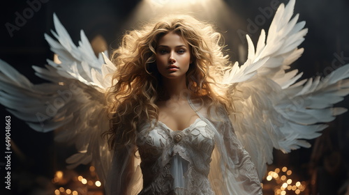 Beautiful girl in angel costume with wings. Fantastic angel. Woman angel. Dark background