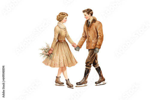 couple ice skating while holding hands vintage illustration isolated on a transparent background, generative ai
