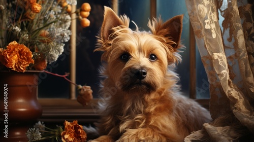 A Norwich Terrier framed by a window adorned with lace curtains, evoking a sense of nostalgia.